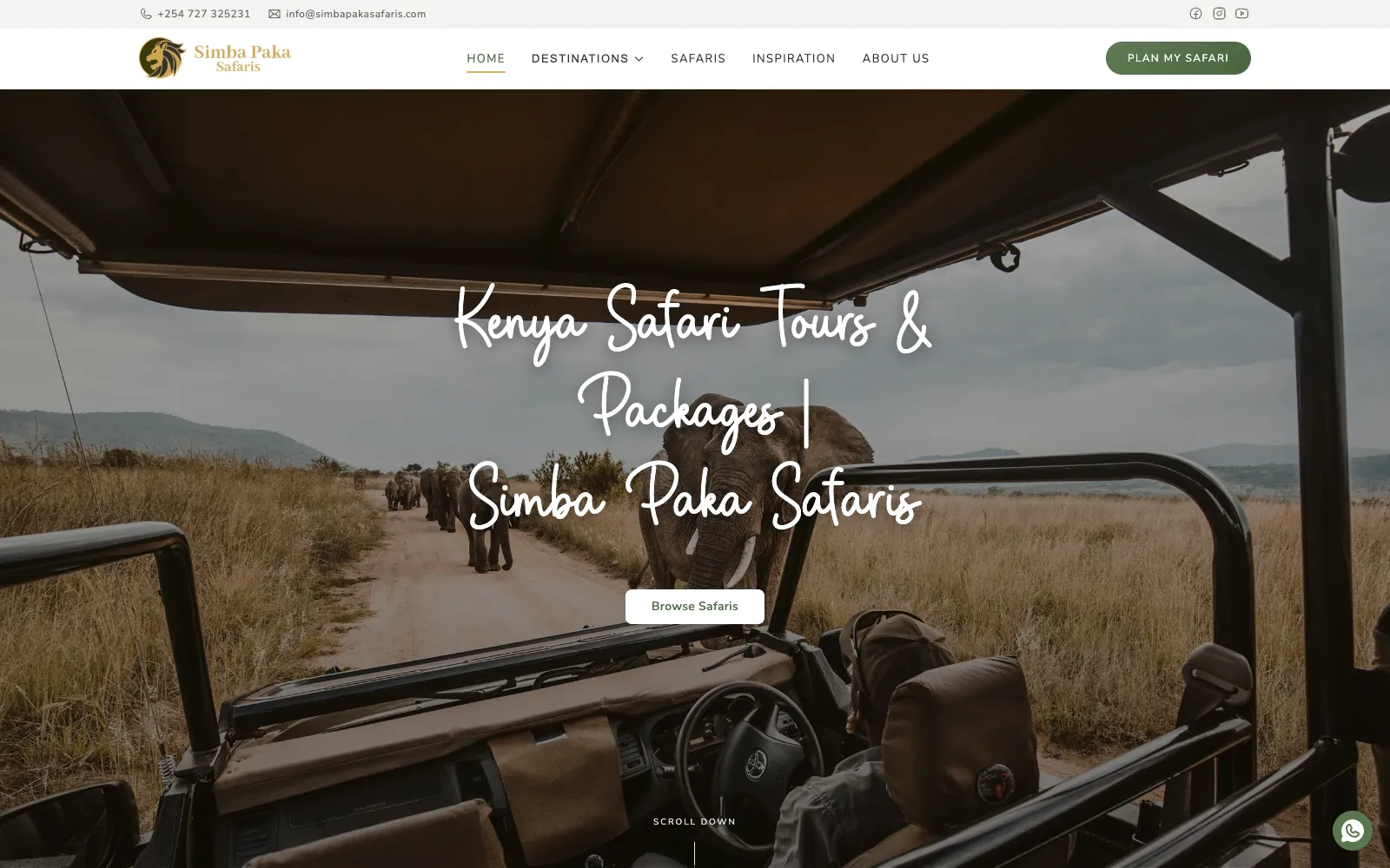 Simba Paka Safaris homepage — "Kenya Safari Tours & Packages" over a photograph taken from inside a safari vehicle