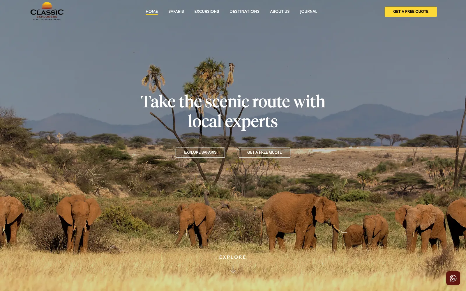 Classic Explorers homepage — elephants in the savanna above an introduction